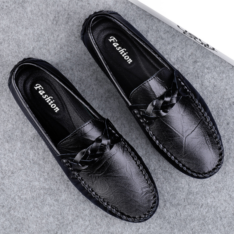 Transmisión en vivo de los zapatos Bean Bean para hombres de cuero de vaca transfronterizos de alta calidad de un pie para hombres de cuero suave con suela suave zapatos de cuero casuales de moda