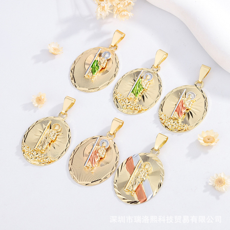 欧美跨境时尚宗教圣犹达圣父拐杖铜车花片镀金画色个性项链吊坠|undefined