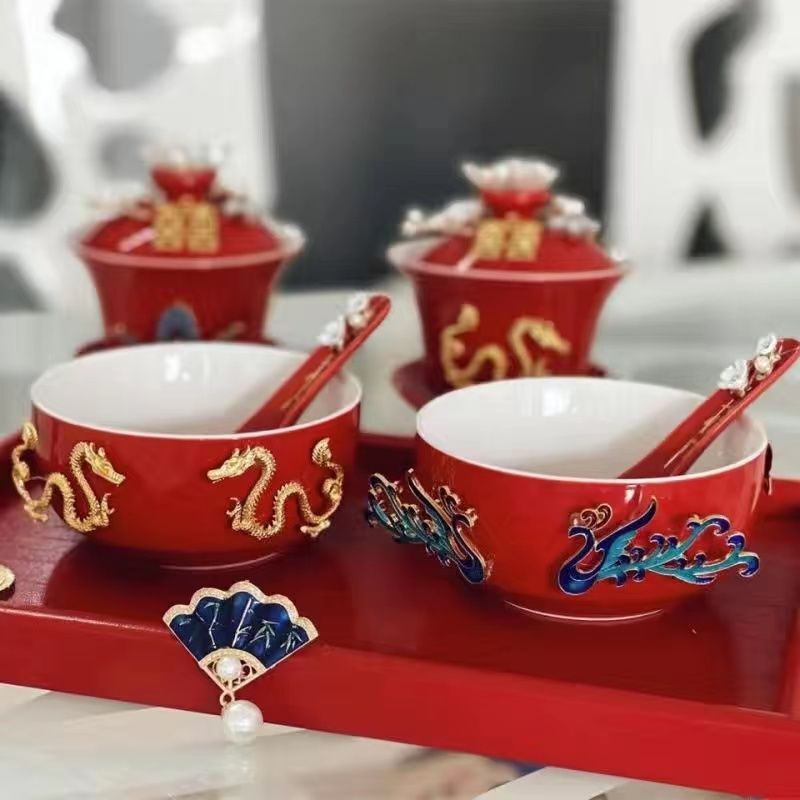 喜結連理敬茶杯結婚祝い用品持参対杯diy手作り装飾陶磁器蓋結婚祝い用品大全|undefined