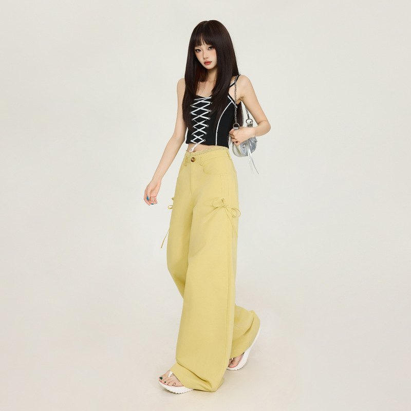 Dopamine Yellow High-Waisted Straight Pants for Women New Lace Wide-Leg Pants with Straps Niche Design Jeans