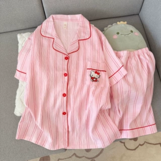 可爱波点KT猫云朵棉睡衣女短袖短裤夏季韩版娃娃领卡通家居服套装