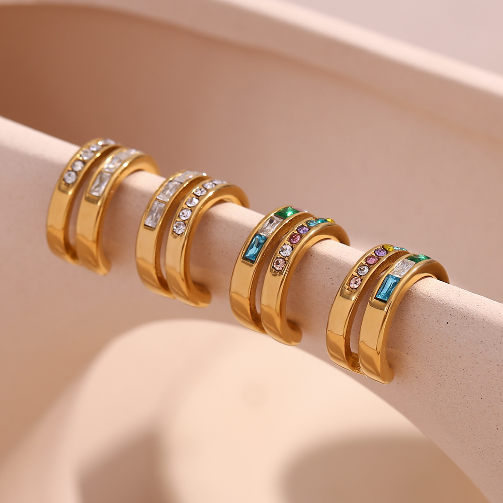 Double C-shaped Zircon Inlaid Stainless Steel Earrings