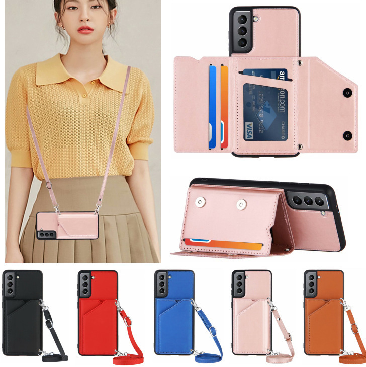 Suitable for Samsung S21 Phone Case A72 Crossbody Skin-feeling Card Bag Protective Case A12 Card Anti-drop Leather Case Strap