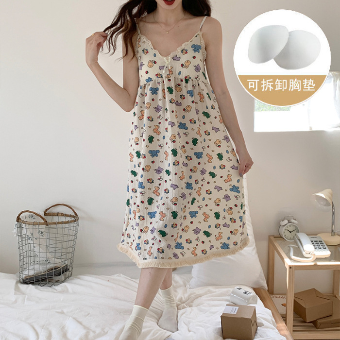 Pantalones de pijama de verano de mujer, almohadillas de pecho, viento, lindos encajes de cuello en v, flores cortas, arte, pijama casero