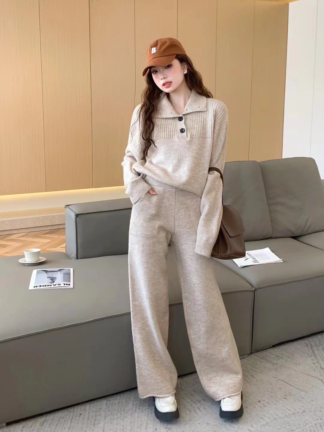 Herbst und Winter neuer Anzug lässiger Pullover Polokragen Strickpullover weite Beinhose zweiteiliges Set für Damen_voghion.com