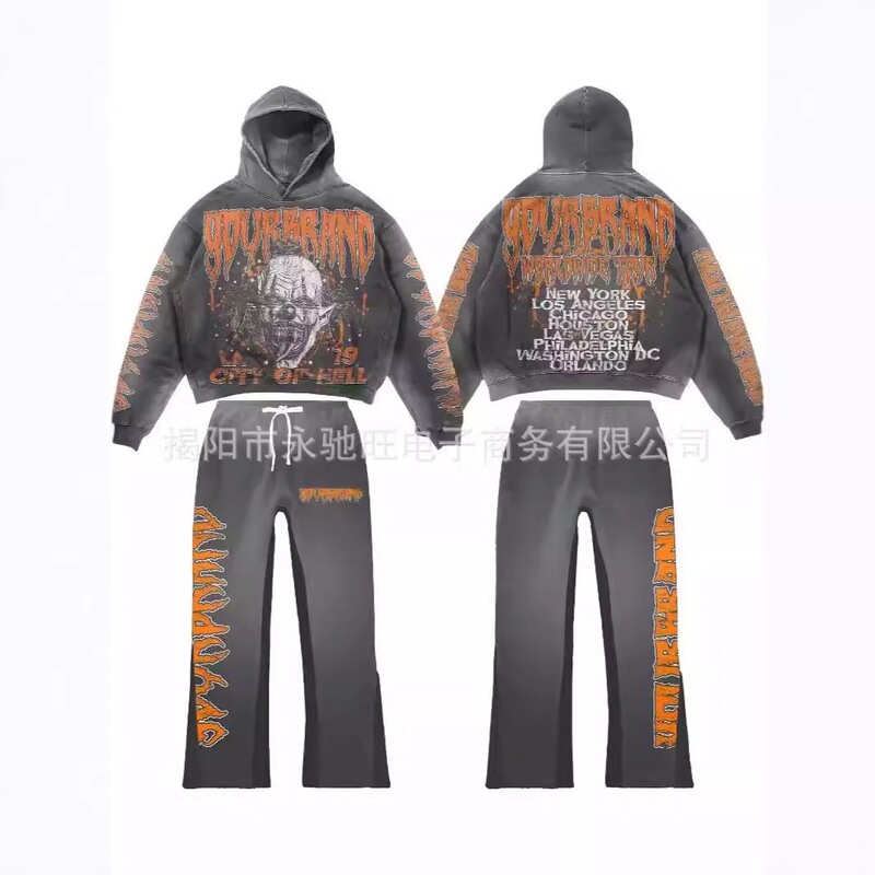2024 Manufacturer High-Quality Straight-Leg Pocket Sweatshirt American-Style Men's Printed Oversized Streetwear Cotton Sweatshirt and Sweatpants Set
