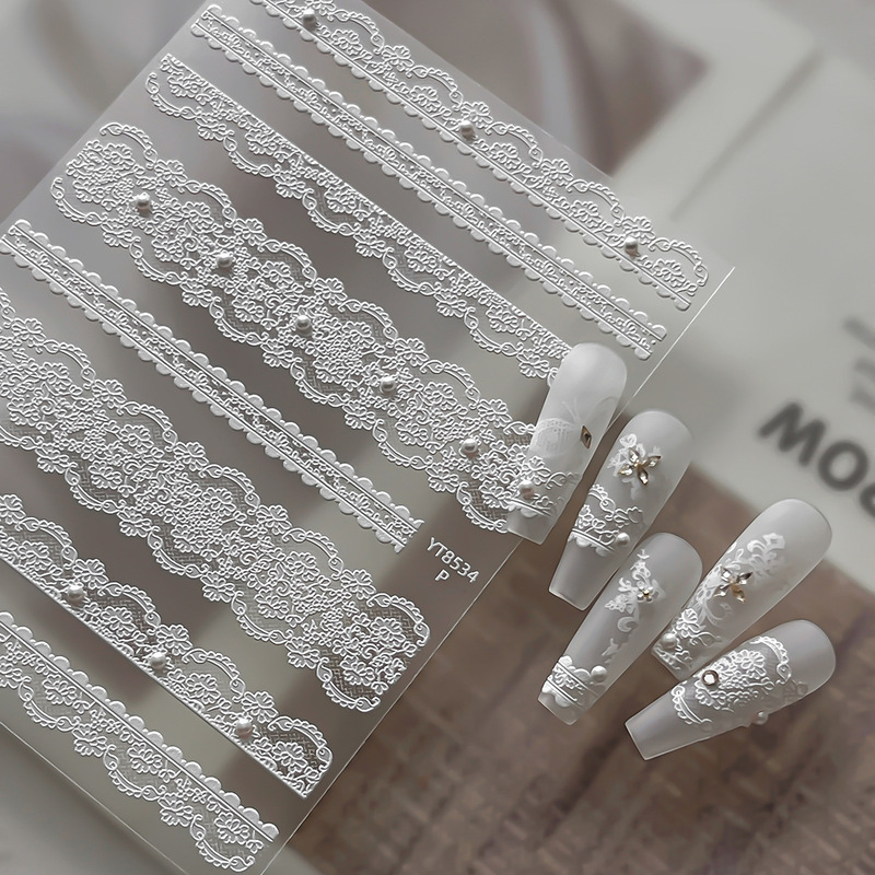 New White Lace Nail Stickers French Gentle Style Ultra-Thin Embossed Shell Pearl Ribbon Nail Stickers Wholesale New White Lace Nail Stickers French Gentle Style Ultra-Thin Embossed Shell Pearl Ribbon Nail Stickers Wholesale