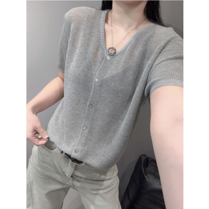 Áo cardigan dệt kim tay ngắn cổ V chất liệu băng lụa mỏng mùa hè — màu xám chi tiết 10