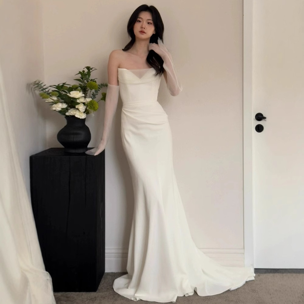 White Strapless Light Wedding Dress, High-End Engagement Toast Dress, Bride Photo Shoot Slim Fishtail Dress, Birthday Dress