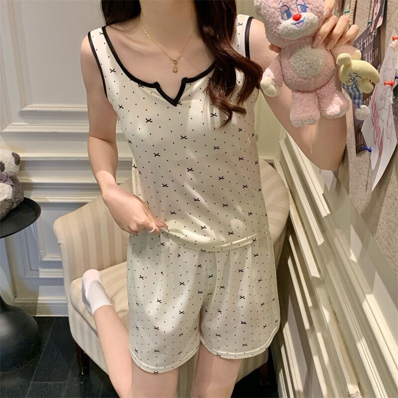 [Ai Affordable] Cartoon Camisole Pajamas with Breast Pads for Women, Summer Camisole Shorts Set, Girl's Home Wear