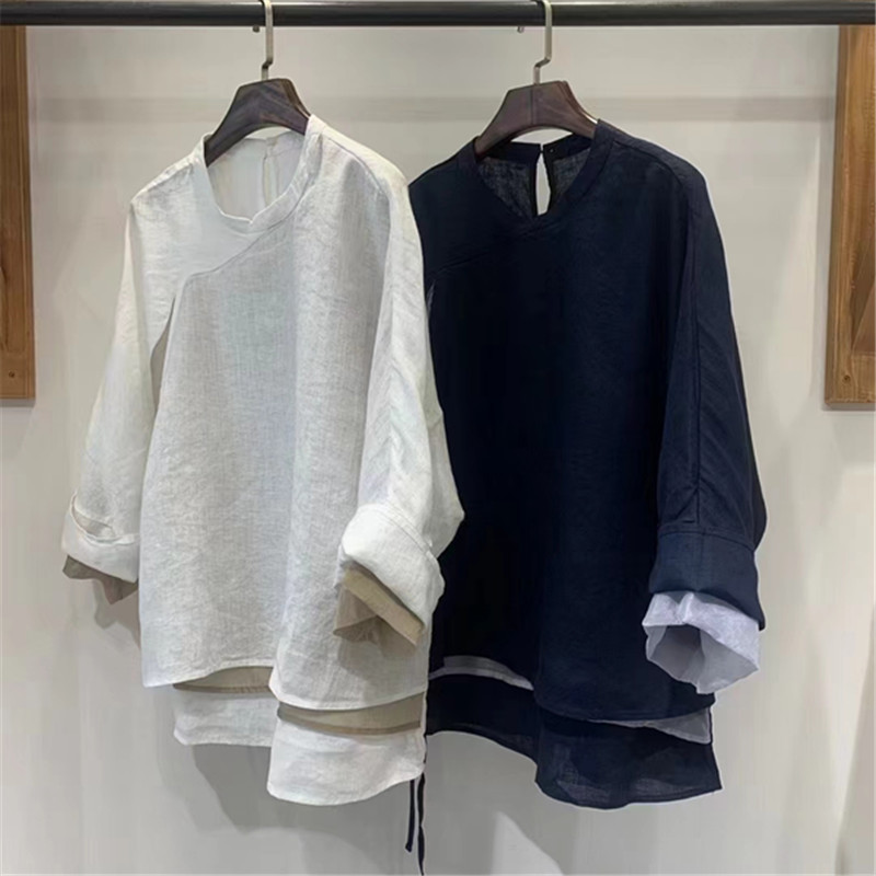 Vintage Artistic Zen Linen Shirt Women's Spring and Summer New Chinese Style National Style Slant Placket Lace-up Stitching Contrast Top