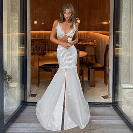 欧美风春夏性感套装吊带小背心蕾丝拼接缎面开叉不规则半裙两件套