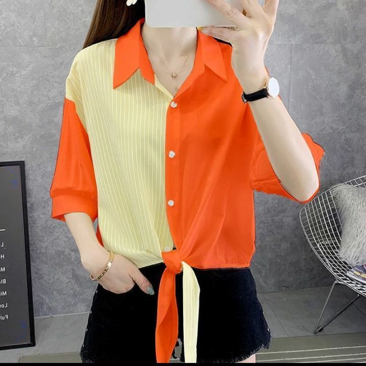 New Summer Mid-Sleeve Chiffon Shirt Women's Small High Waist Design Color-matching Striped Shirt Short Navel Dress