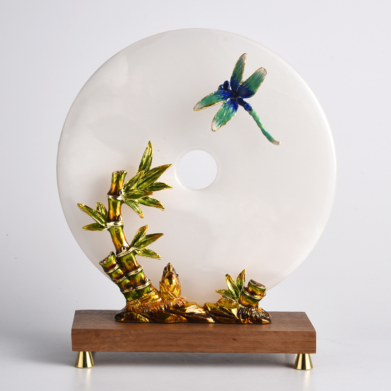 天然玉石平安扣摆件禅意珐琅彩摆饰玄关客厅胡桃木饰品翡翠玉器