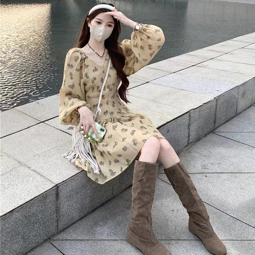 Gentle style French long-sleeved dress, women's clothes, spring and autumn 2024 new style, waist waist to show slimming, short net red princess dress
