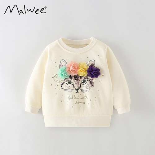 Malwee Girls' Sweatshirt Autumn and Winter New European and American Small and Medium Children Round Neck Reborn Cute Little Girl Top 