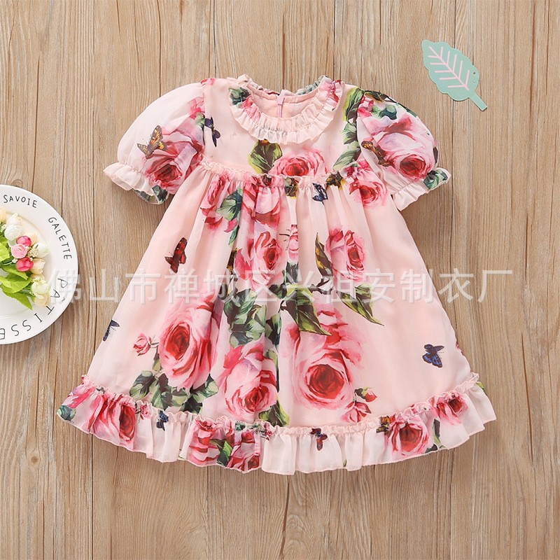 New summer European and American baby girl children's clothing printed chiffon short sleeve dress children's skirt cross-border hot batch