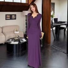 法式简约蕾丝V领紫色连衣裙早秋季新款純欲打底包臀气质显瘦长裙