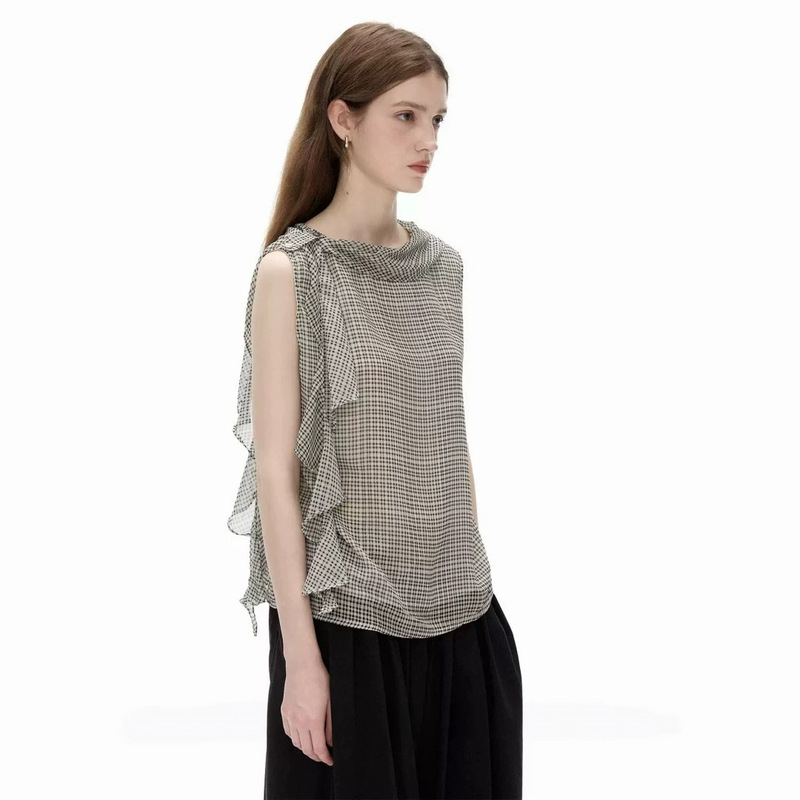 BRIVI Women's Summer New Sleeveless Ruffle Collar Chiffon Blouse with Unique Design and Slimming Effect