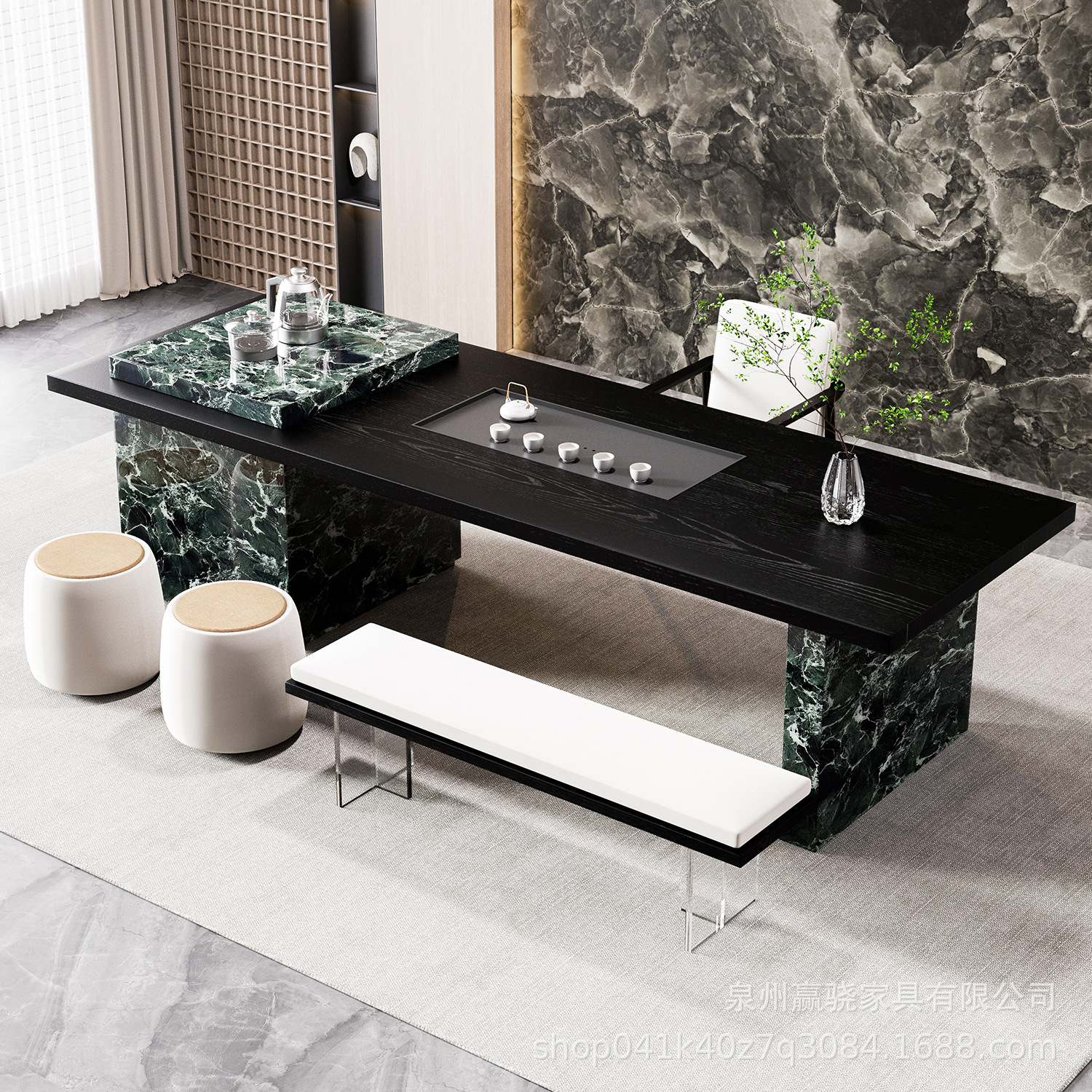 [가성비 조합] 티 테이블 1.6m + 학사 의자 + 벤치 1m + 푹신한 스툴*2