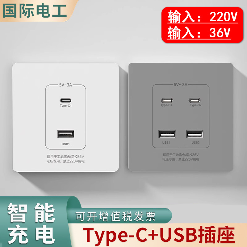 Type 86 220V Construction Site Dormitory Concealed 10W Fast Charging Socket Panel Dual USB Port Type-C Smart Fast Charging Socket
