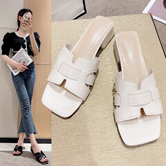 Foreign trade large size thick heel slippers for women 2024 summer new square toe high heels European and American casual fashion sandals and slippers for women