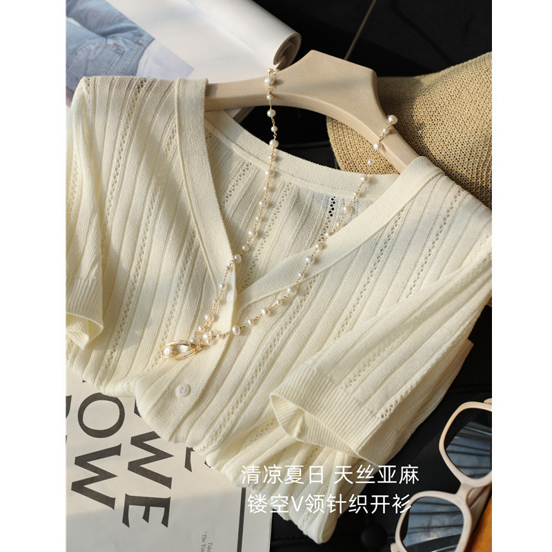 French-Style Commuter Tencel Linen Exquisite Hollow-Out V-Neck Knit Cardigan, Thin Slim-Fit Short-Sleeve Top for Women, New for Summer French-Style Commuter Tencel Linen Exquisite Hollow-Out V-Neck Knit Cardigan, Thin Slim-Fit Short-Sleeve Top for Women, New for Summer