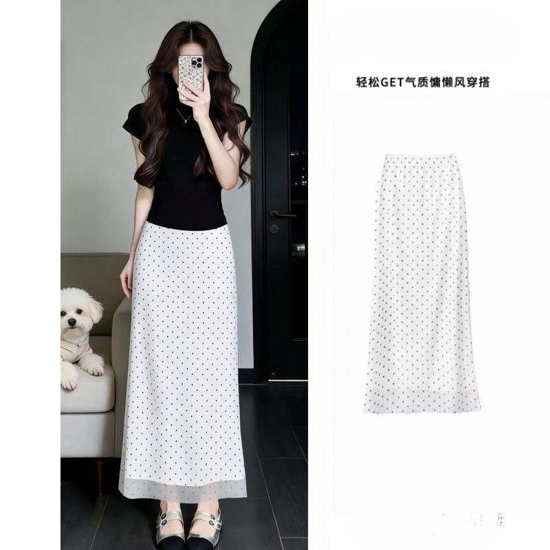 White Polka Dot Skirt for Women, Early Summer Miu Style Outfit, Beautiful and Stunning A-Line Hip-Hugging Long Skirt Set for Early Spring
