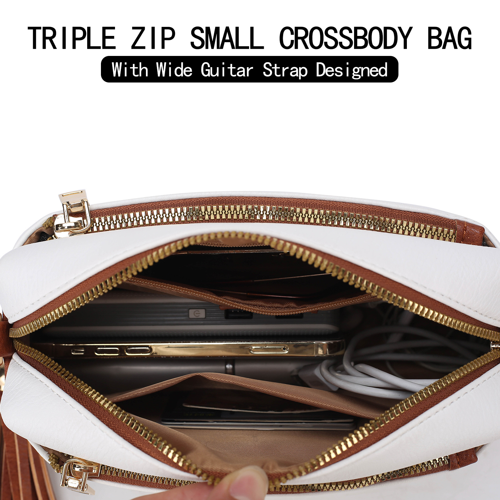 New Women's Crossbody Three Zipper Mobile Phone Leather Handbag Guitar Strap Shoulder Bag_voghion.com