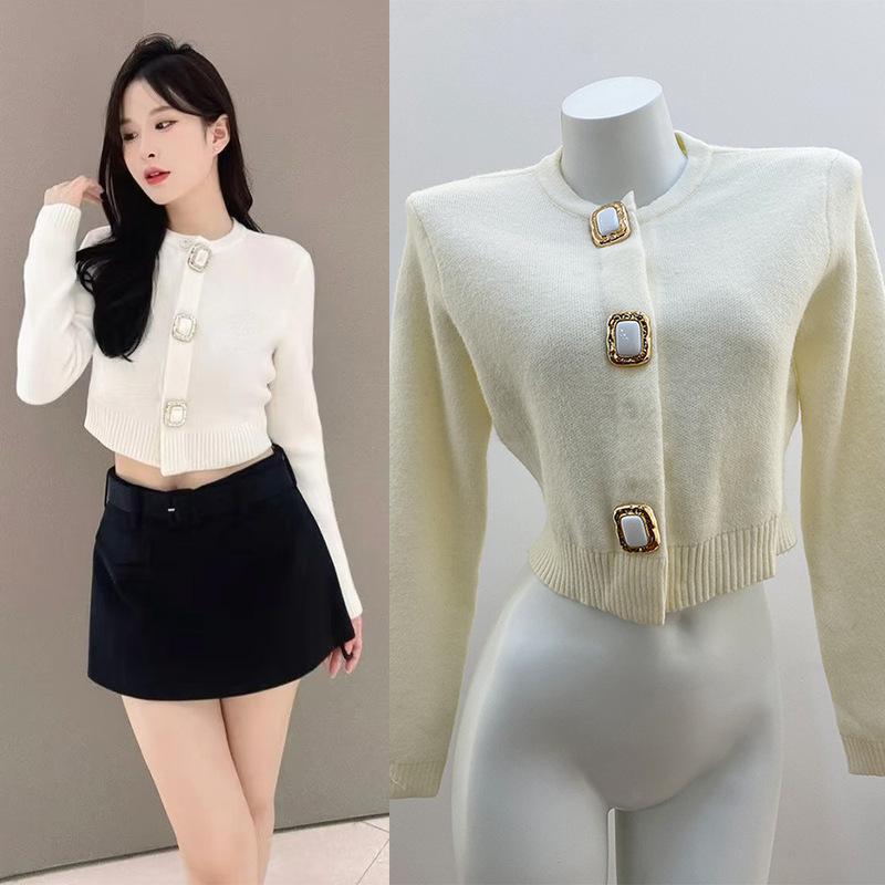 Sp Home 2025 Autumn/Winter New Ivory White Designer Wool Blend Exquisite Three-Button Versatile Knitted Cardigan