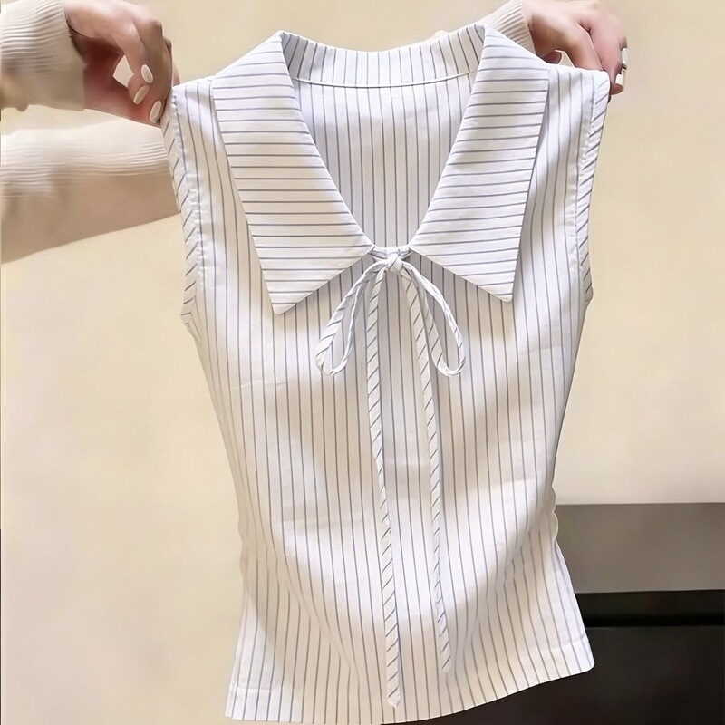 Korean-Style Design Bow-Knot Striped Sleeveless Shirt for Women, New Summer Versatile Collared Waist-Cinching Slimming Top Korean-Style Design Bow-Knot Striped Sleeveless Shirt for Women, New Summer Versatile Collared Waist-Cinching Slimming Top