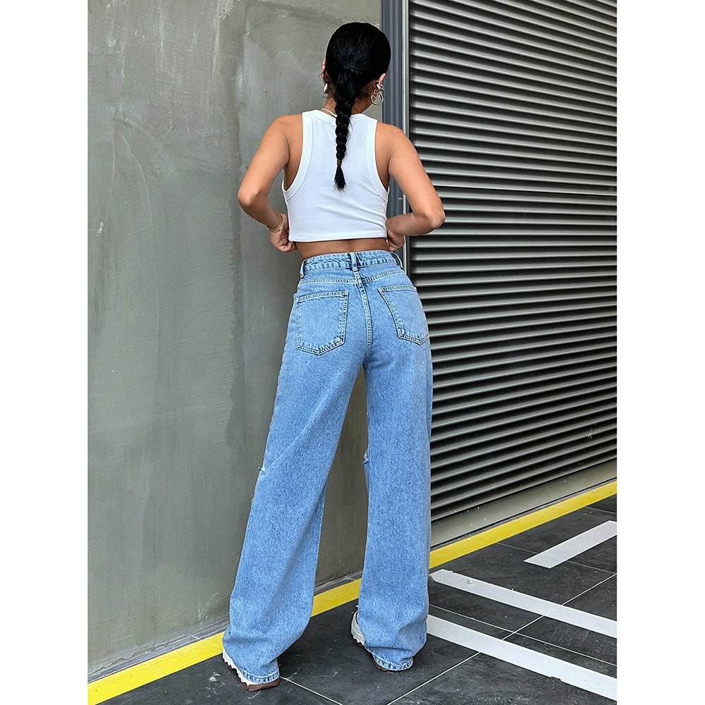 ​​Women's Vintage Ripped Wide Leg Jeans - Distressed High Waist Floor-Length Drape Pants, Retro Loose Fit For Casual & Street Style​​_ecoleips.com