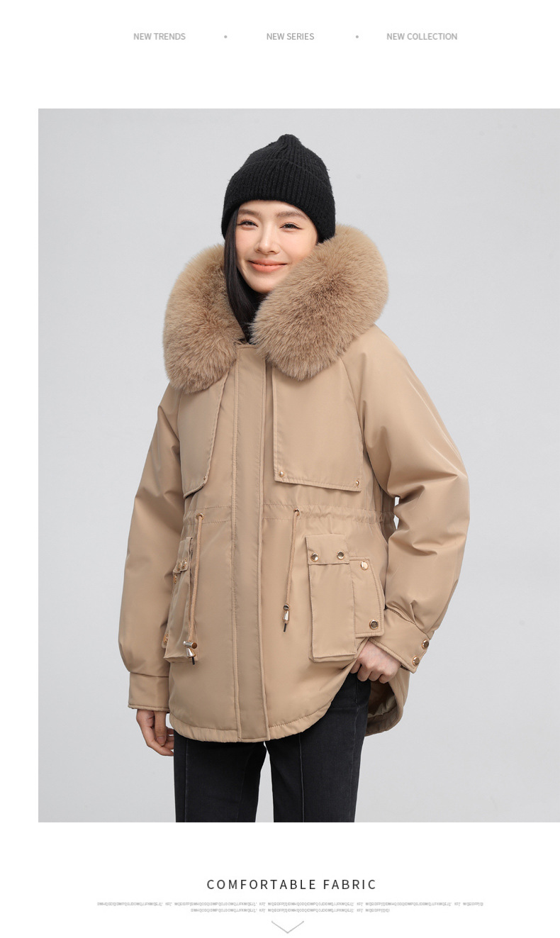 Chaqueta de algodón entallada mujer con capucha y pelo invierno_voghion.com