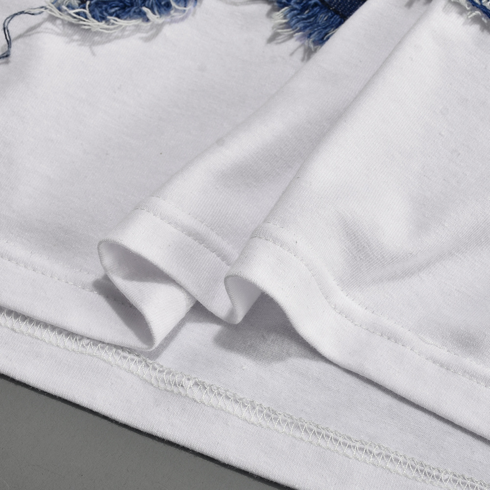 Autumn Summer Stitching Tassel Five Pointed Star Cropped round Neck T shirt for Women