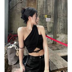 單肩吊帶背心女2023夏季新款設計感無袖單邊掛脖性感露肩內搭上衣