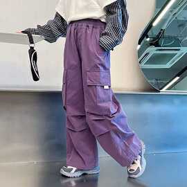 女童紫色工装裤2026新款春秋宽松阔腿裤中大童春装休闲运动长裤潮