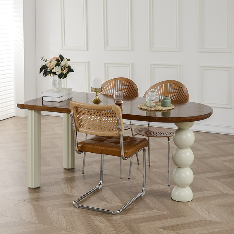 French Solid Wood Dining Table, Simple Home Wall-Mounted Log Cream Style Semi-Oval Island Table, Dining Table, Desk, Small Apartment