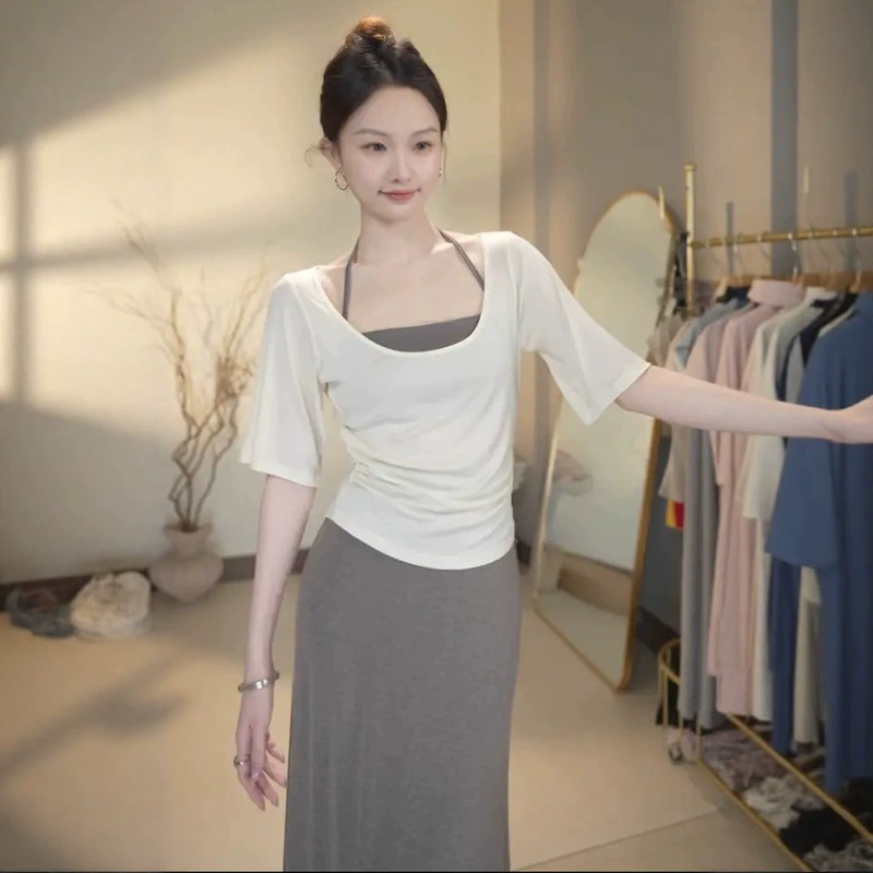 Корейская тонкая солнцезащитная блузка со средним рукавом и жилетом с бретелькой на шее, костюм из двух предметов для женщин, которые можно носить летом