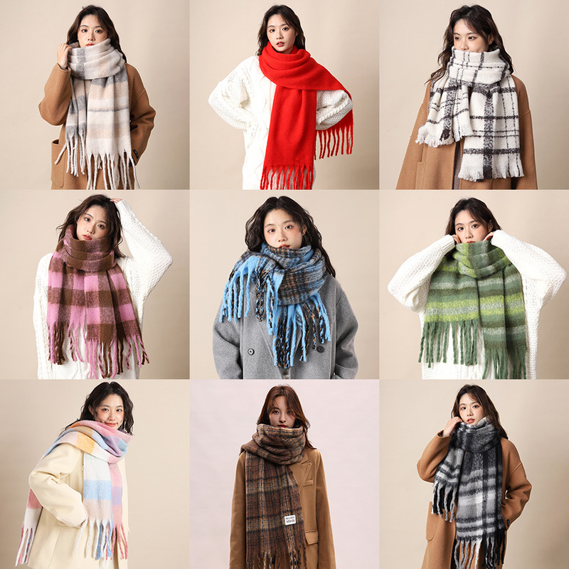 Winter 2026 New Mohair Plaid Scarf for Women, High-End Korean Style Versatile Fluffy Thickened Scarf for Warmth