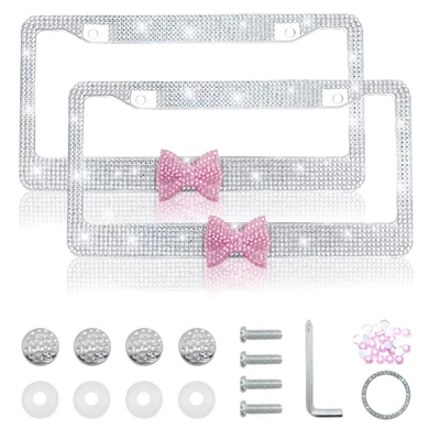 Diamond-Encrusted License Plate Frame, Straight-Line Bow Style, American Standard License Plate Frame, Rhinestone License Plate, Direct Sales from the Source Manufacturer (License plate holder/license plate holder) - pink-butterfly-white-frame-1-piece