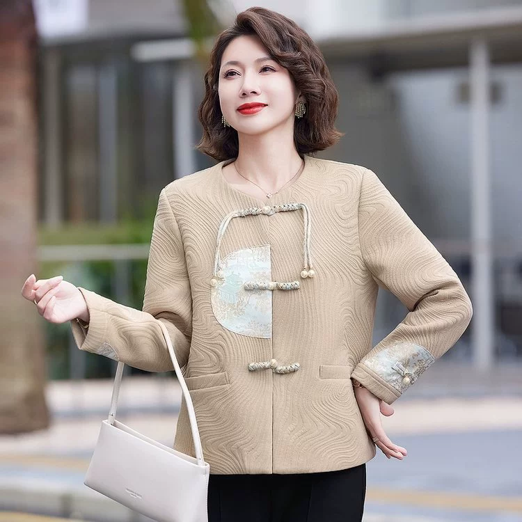 Пуховой женский жакет-свитер Mother Jacket Cardigan в китайском стиле, круглый воротник, оранжево-красный или абрикосовый, размеры XL-5XL