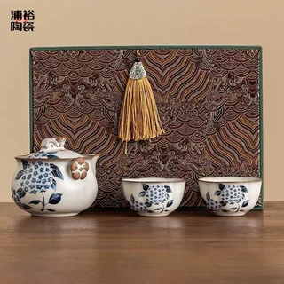 仿宋汝窑手抓壶国风猪油冻绣球花泡茶壶茶杯家用精致功夫茶具套装