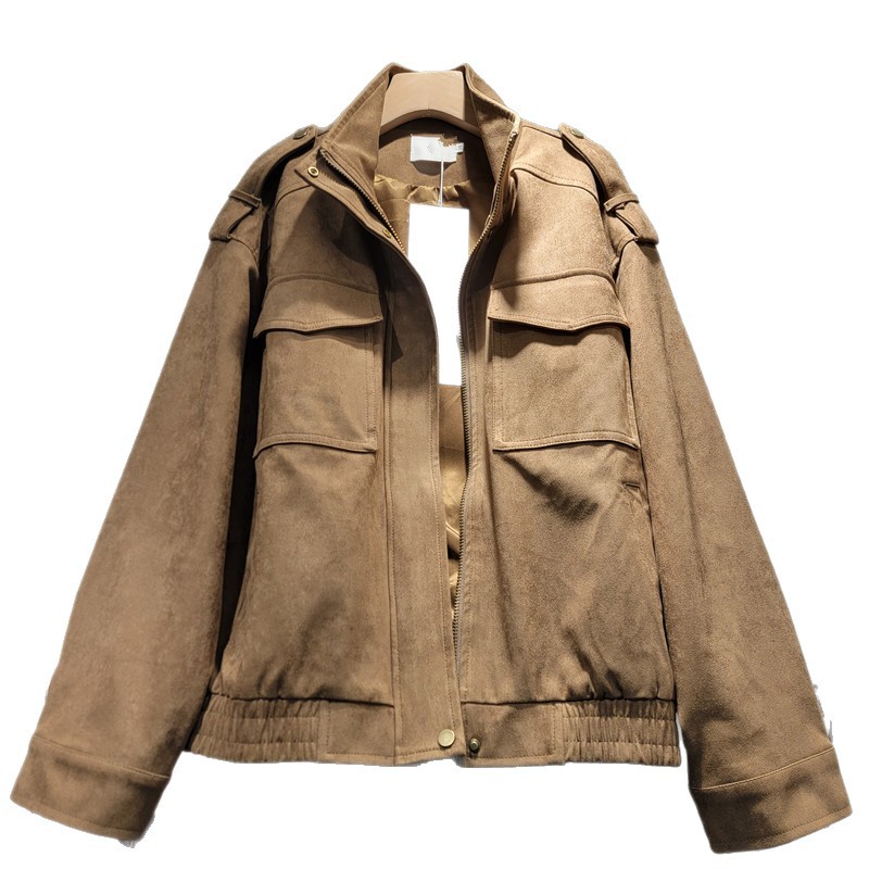 Europa y América de moda chaqueta de piel de ciervo mujer 2026 primavera y otoño nuevo estilo de alta sensación casual chaqueta corta suelta