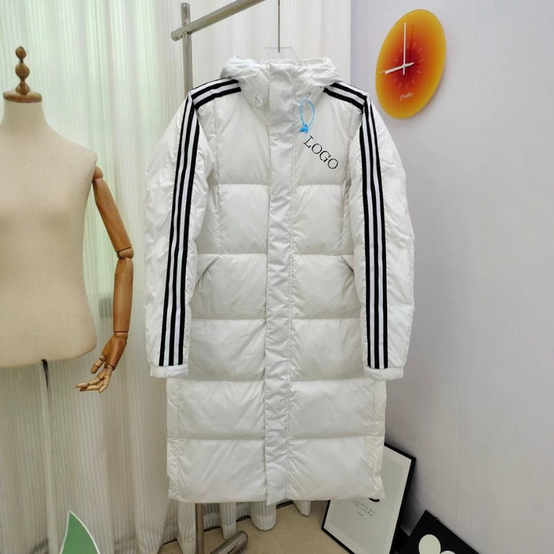 Adidas winter three-stripe long hooded down jacket, warm coat for couples, over-the-knee, 80% white duck down Adidas winter three-stripe long hooded down jacket, warm coat for couples, over-the-knee, 80% white duck down