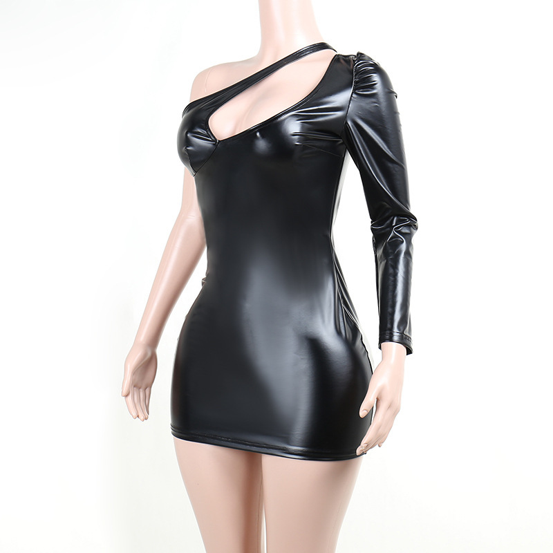 Slim Fit Type Solid Color Pattern Wholesale Women'S Sexy Patchwork Solid Color Nightclub Oblique Collar Long Sleeve Sheath Dress