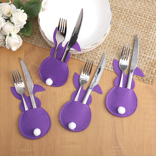 Easter bunny cutlery bag with tail cartoon colorful felt cutlery silverware storage bag table decoration