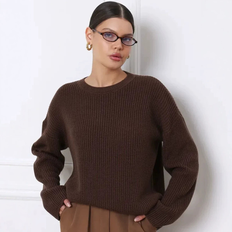Cross-Border Loose-Fitting Round-Neck Waffle Knit Women's Pullover Sweater, Casual Long-Sleeve Basic Knitwear