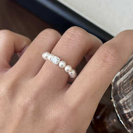 s925纯银法式施家珍珠单钻戒指女弹力戒指小众设计女轻奢指环高级