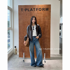 ［简裁］T-PLATFORM韩系复古水洗牛仔裤设计感显瘦遮胯微喇裤1185