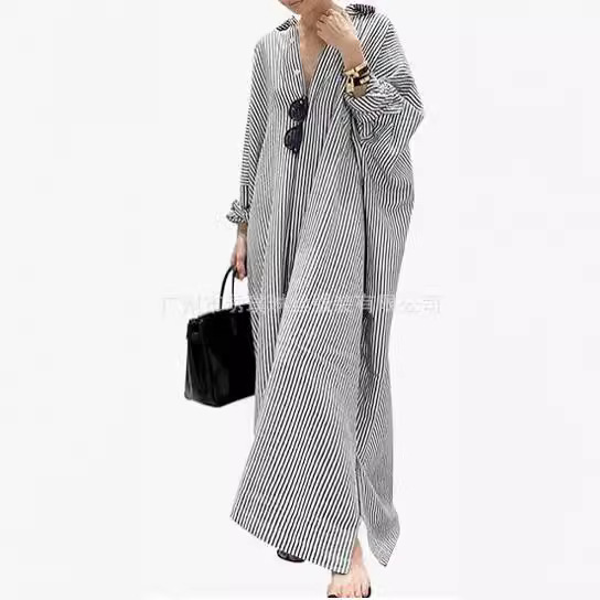 2024 Amazon European and American Foreign Trade women's casual long sleeve button loose striped cotton extra long shirt dress